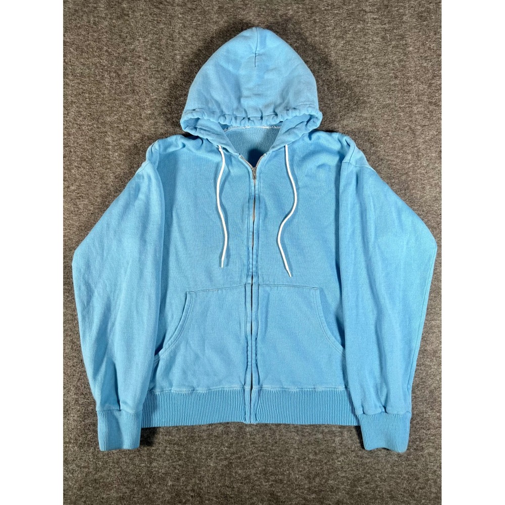 Vintage 80s Zip Up Hoodie Baby Blue Blank Full Zip Sweatshirt Large
